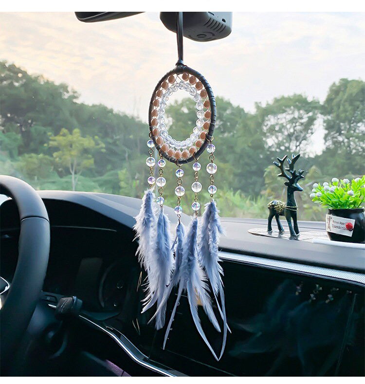 Grey Circle Round Dreamcatcher with Grey Feathers -- Rearview Mirror Hanging or Wall Hanging