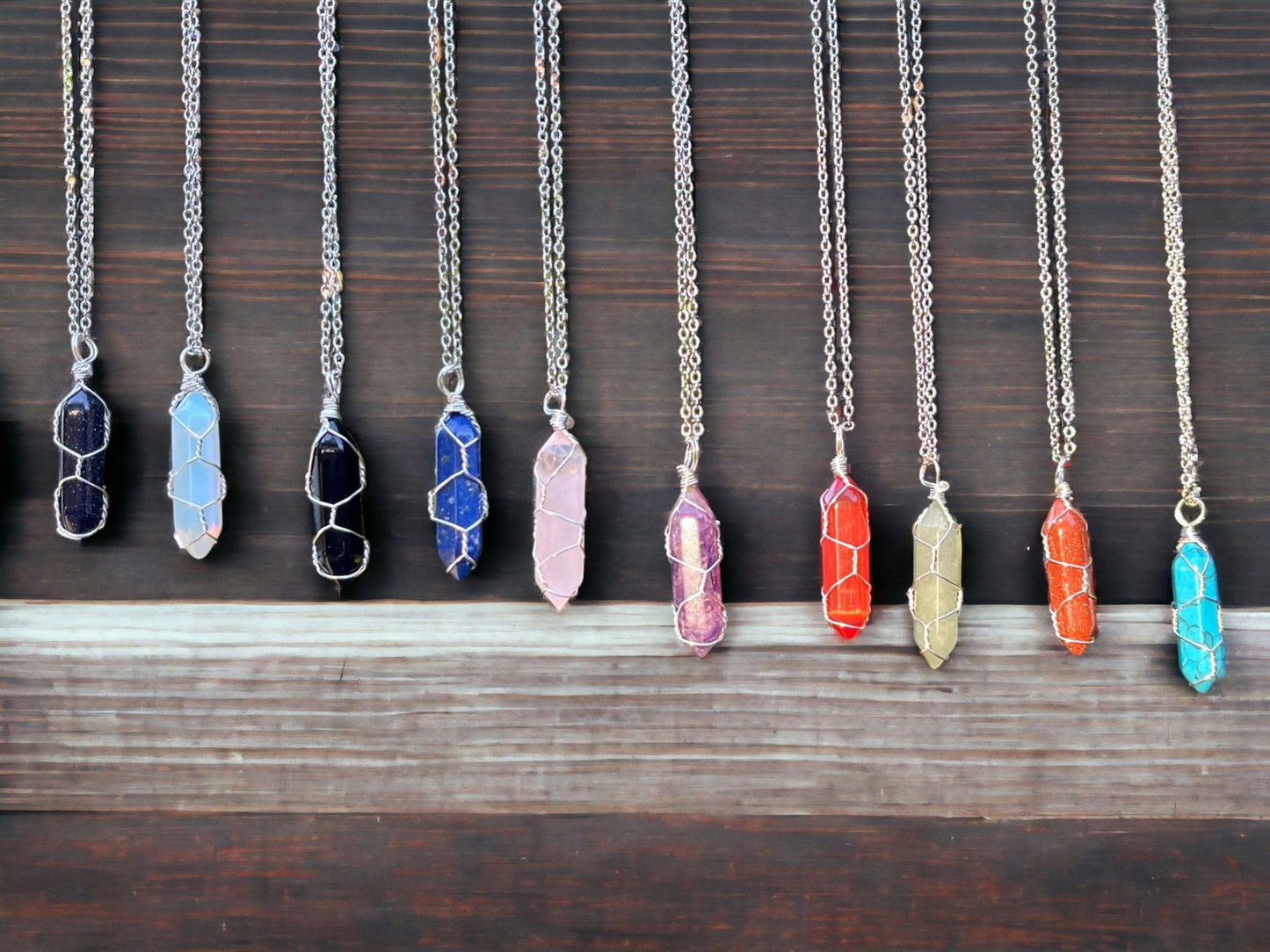 Silver Wire Wrapped Crystal Gemstone Necklaces, Rose Quartz, Amethyst, Opal, Black Obsidian, Healing Stone Chakra Point Birthstone Necklaces